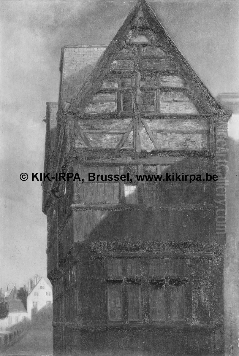 Zestiende-eeuwse houten gevel in de Groenplaatsstraat in Antwerpen Oil Painting by Josephus Laurentius Dyckmans