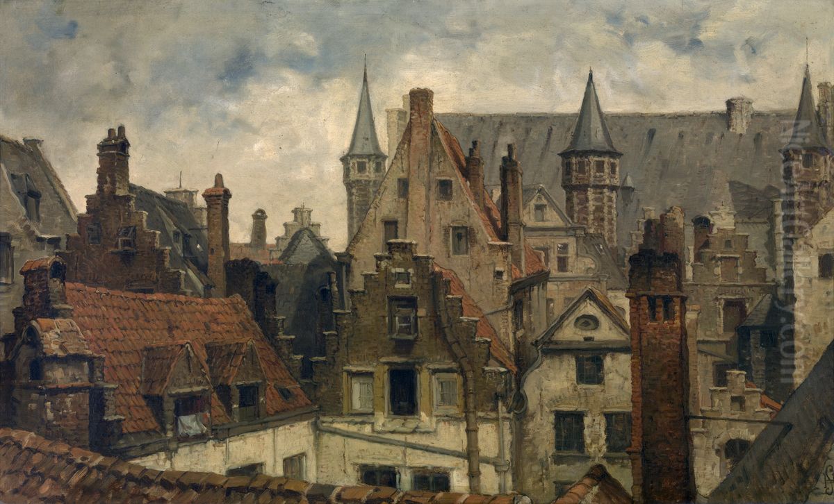 Het Vleeshuis, oude daken en gevelspitsen Oil Painting by Hendrik Frans Schaefels