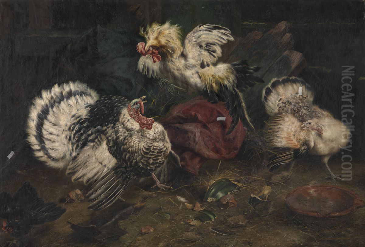 Fighting Cocks Oil Painting by Piet Van Engelen