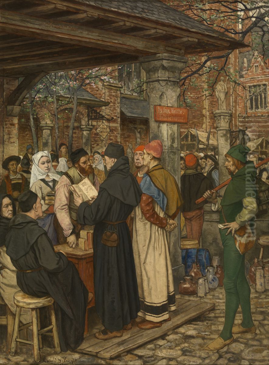 Jan Brito, de Brugse uitvinder van de boekdrukkunst Oil Painting by Albrecht De Vriendt