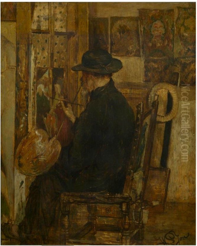 Self-portrait in his studio Oil Painting by Willem Linnig Junior
