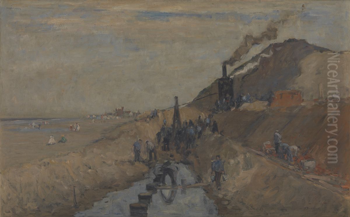 Dike Building on the Beach at Knokke Oil Painting by Richard Baseleer