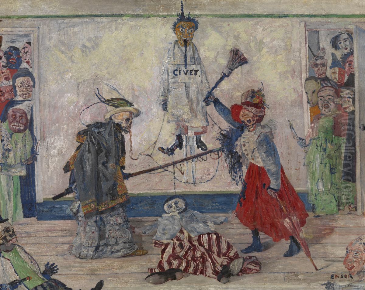 Skeletons fighting over a Hanged Man Oil Painting by James Ensor