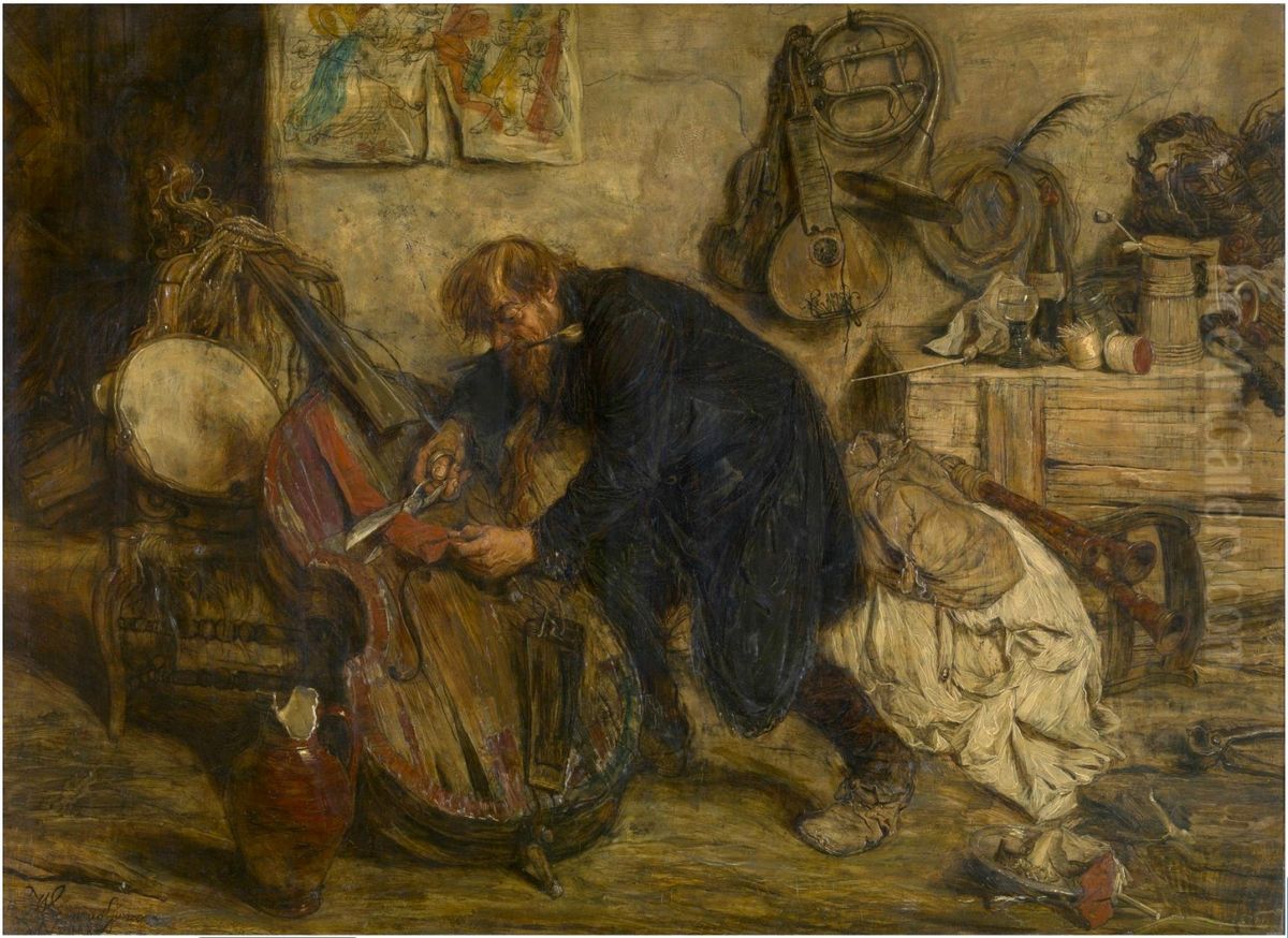 The violin maker Oil Painting by Willem Linnig Junior
