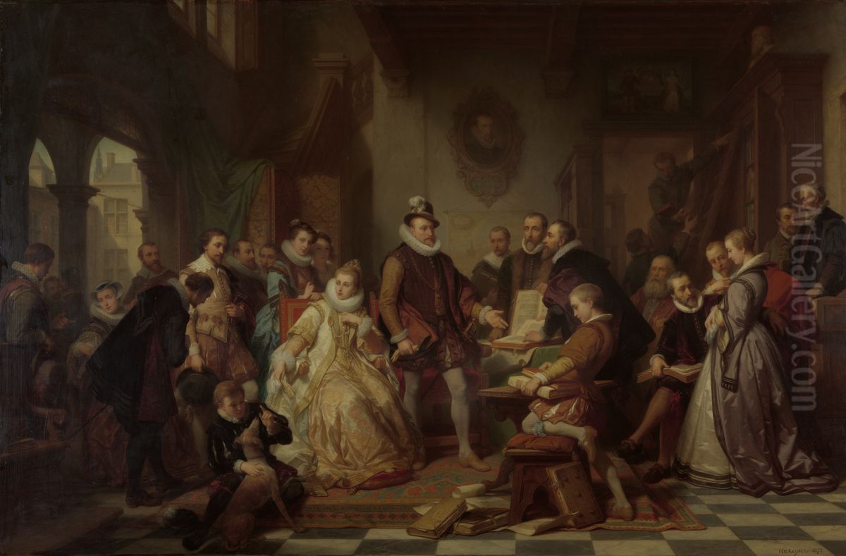 The Archdukes Albert and Isabella Visit the Printer Plantin Oil Painting by Nicaise de Keyser