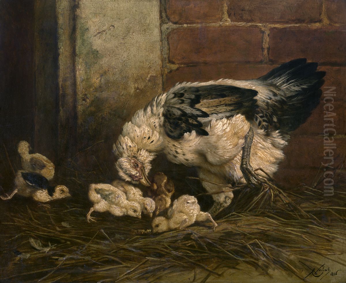Hen met kuikens Oil Painting by Charles Verlat