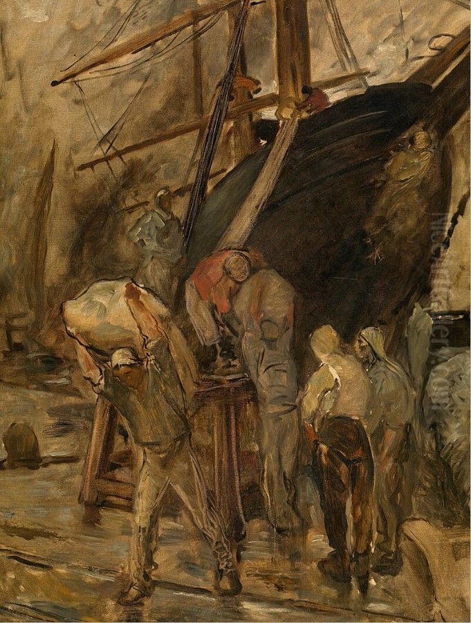 Unloading of a sailboat. Oil Painting by Constantin Meunier