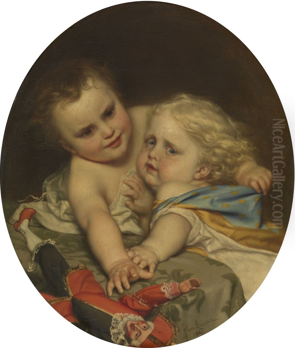 Twee stoeiende kinderen Oil Painting by Jozef Van Lerius