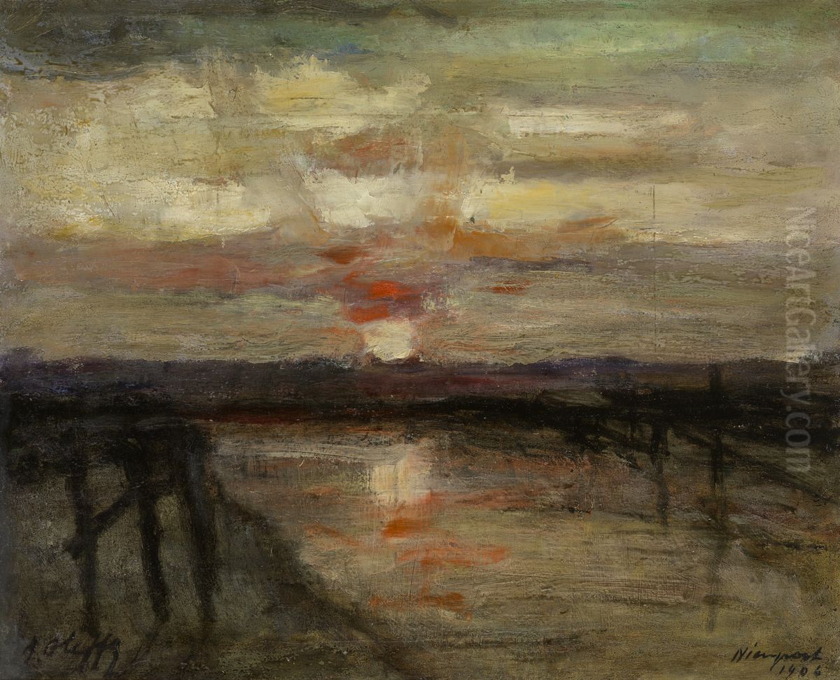 Zonsondergang in Nieuwpoort Oil Painting by Auguste Oleffe