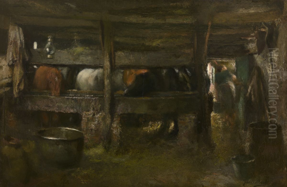 Horse Stable Oil Painting by Jan Stobbaerts