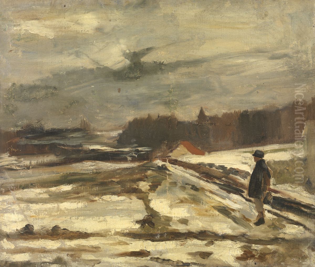 Scholier in de sneeuw Oil Painting by Constantin Meunier