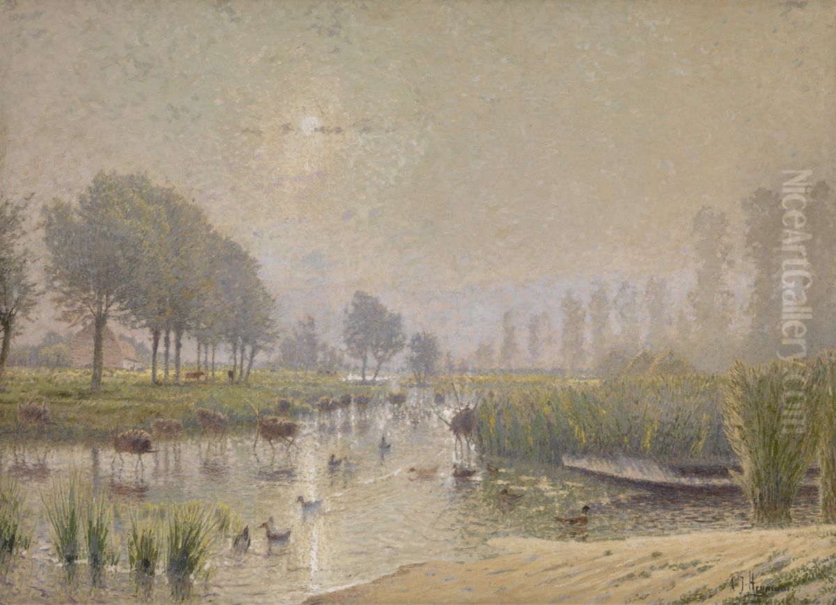 Eendennesten in het riet Oil Painting by Adriaan Jozef Heymans