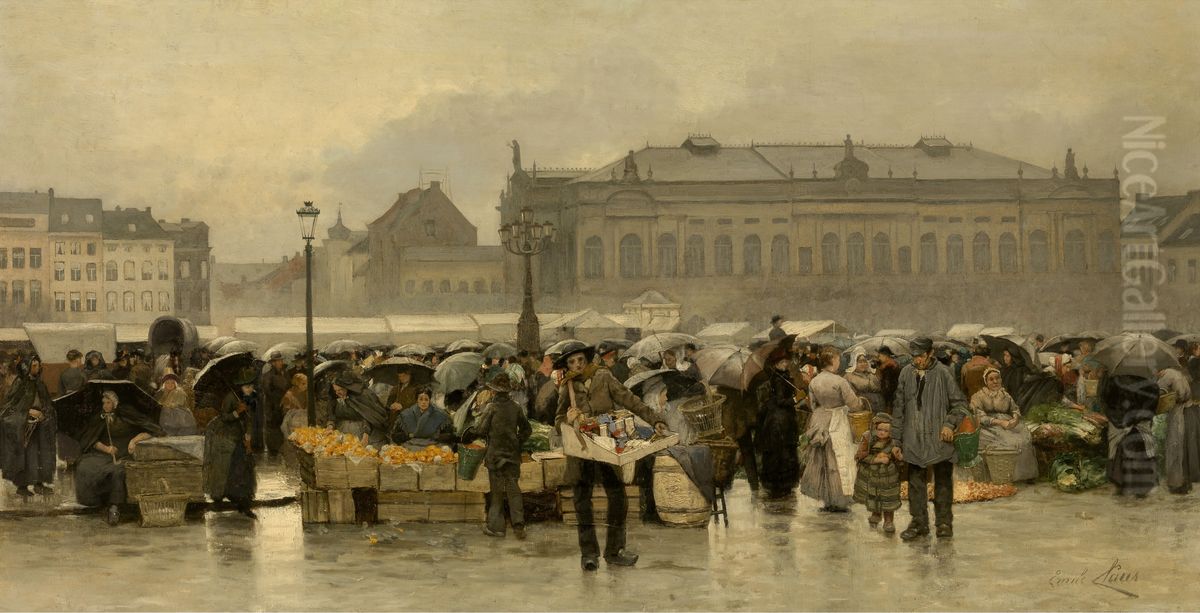 De markt voor de schouwburg in Antwerpen Oil Painting by Emile Claus