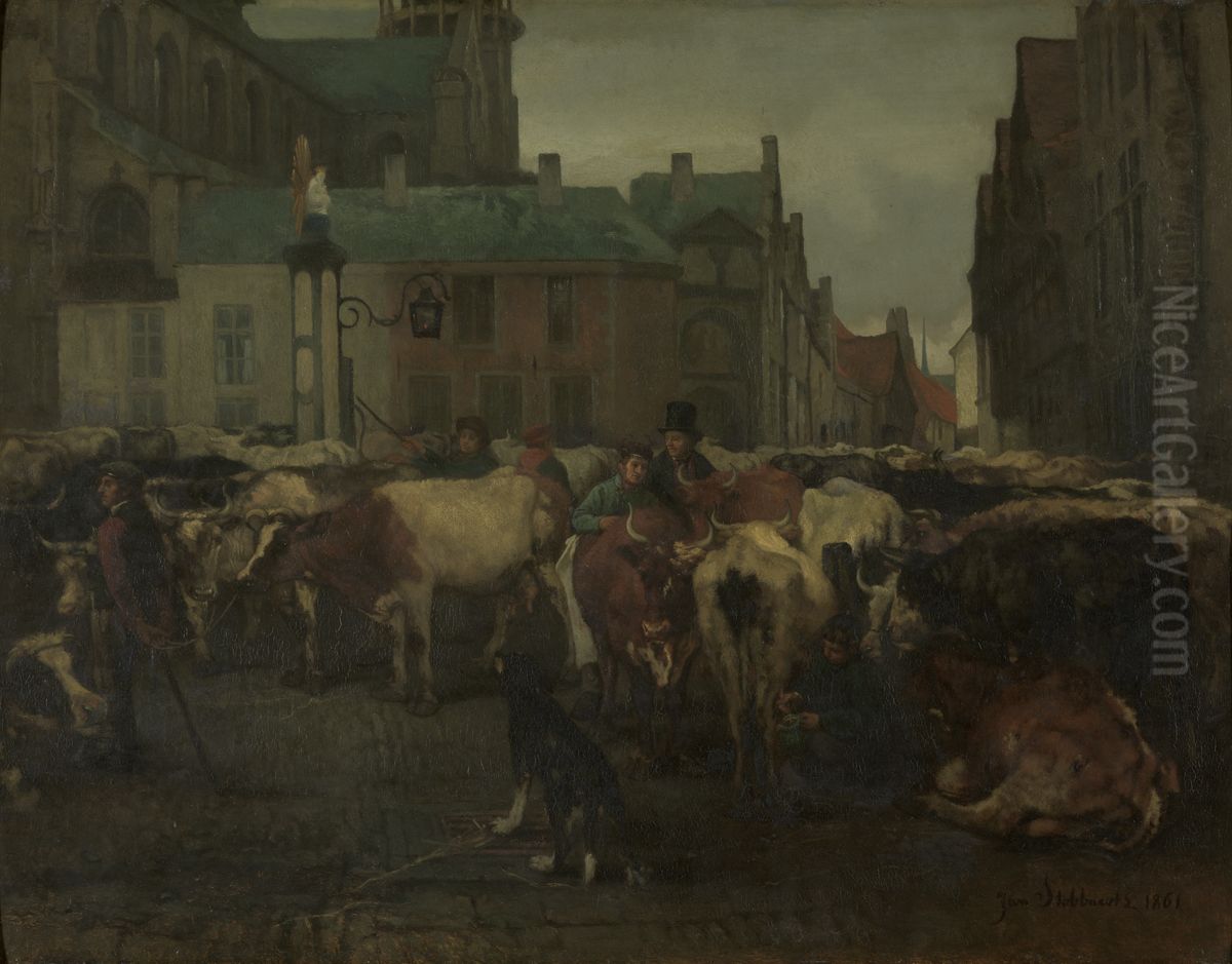 De Veemarkt in Antwerpen Oil Painting by Jan Stobbaerts