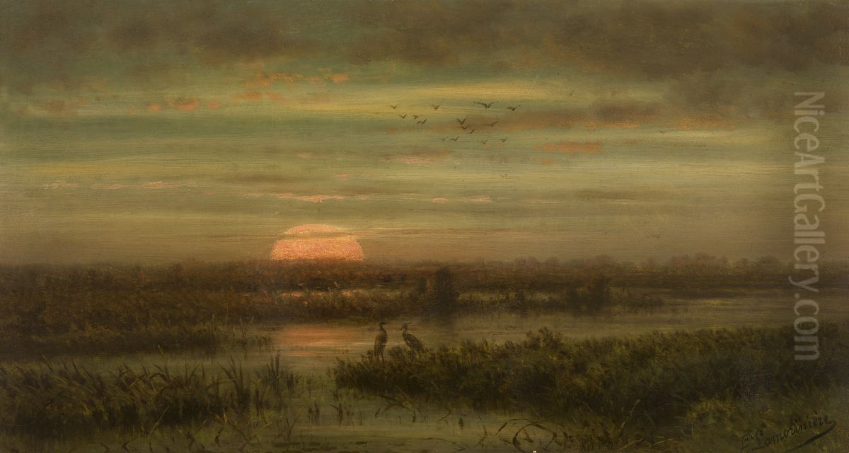 Landschap met reigers bij zonsondergang Oil Painting by Jean Pierre Francois Lamoriniere
