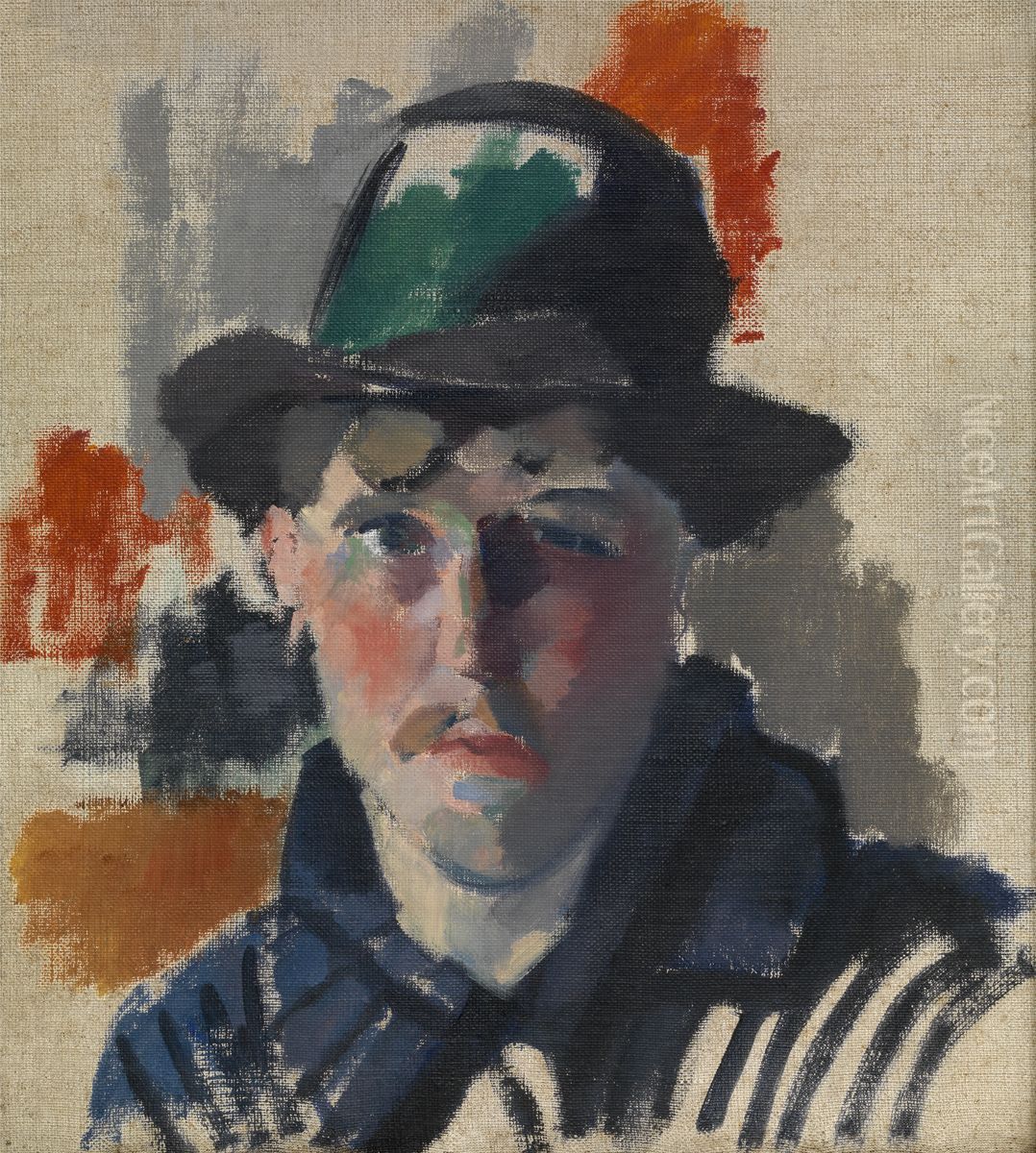 Zelfportret met groene hoed Oil Painting by Rik Wouters