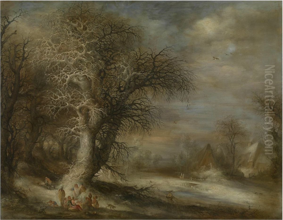 Winter landscape with gypsies Oil Painting by Gijsbrecht Leytens
