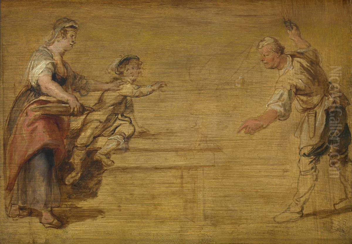 Kitchen Maid, Butcher and Boy around a Table Oil Painting by (studio of) Rubens, Peter Paul