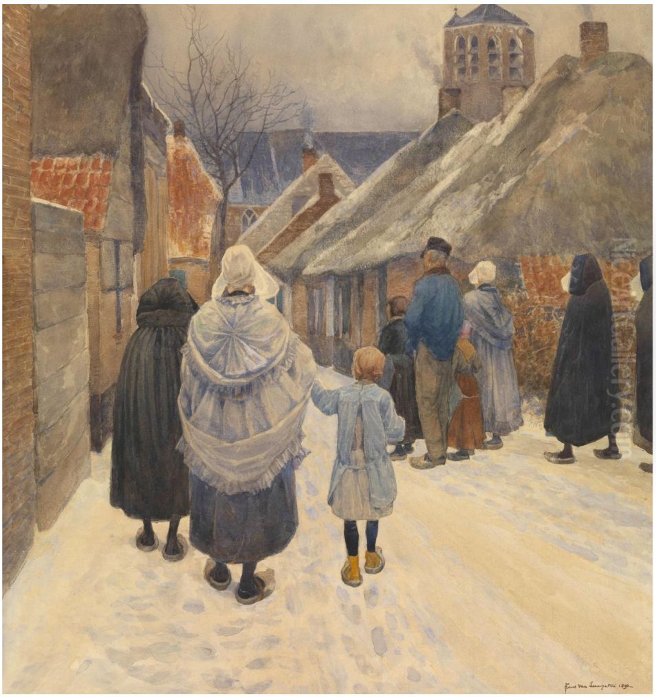 Sunday morning in winter Oil Painting by Frans Van Leemputten