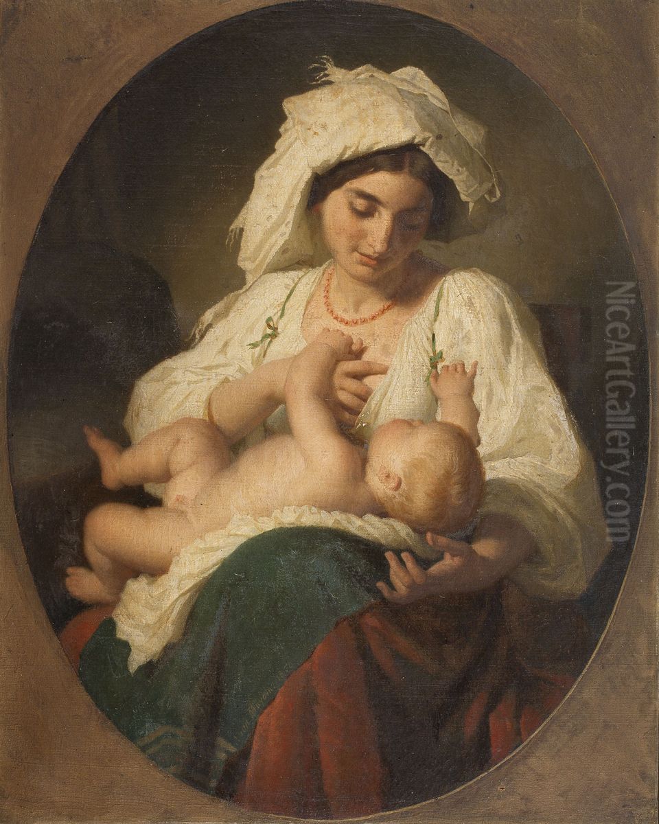 Abruzzi Woman with a Suckling Child Oil Painting by Jacques Alfred Van Muyden