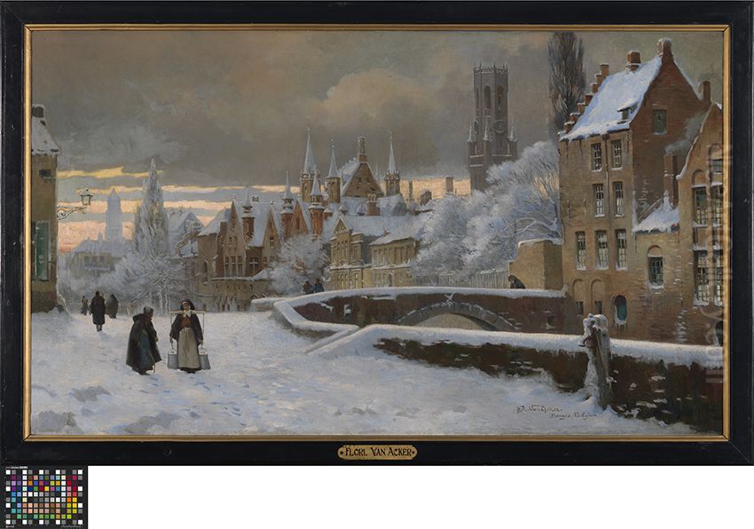 Meebrug in Brugge onder de sneeuw Oil Painting by Florimond Van Acker