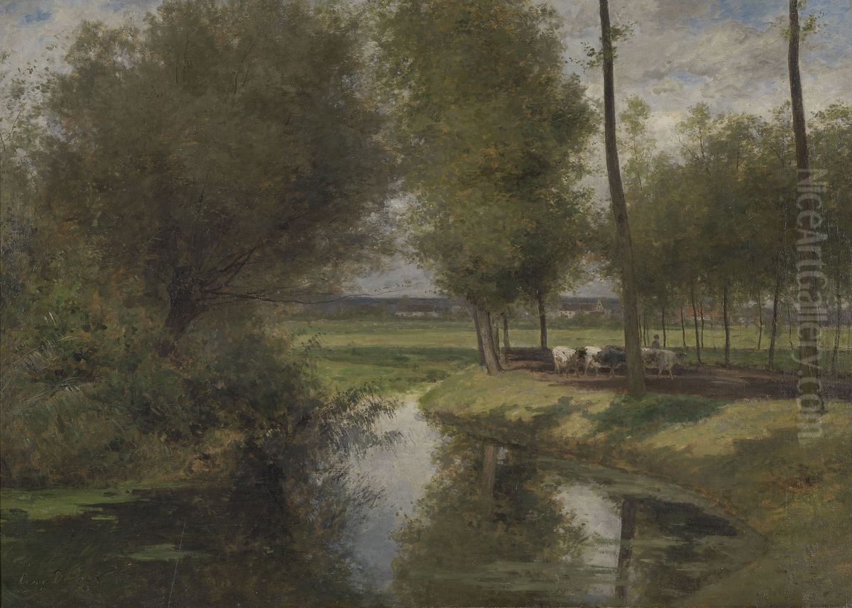 Leielandschap of De weg naar het Patijntje in Gent Oil Painting by Cesar De Cock