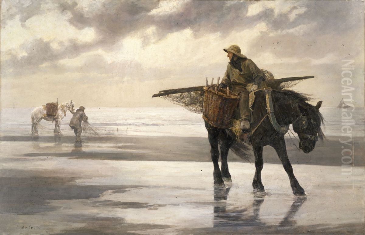 Shrimpers at Nieuwpoort Oil Painting by Jean Delvin