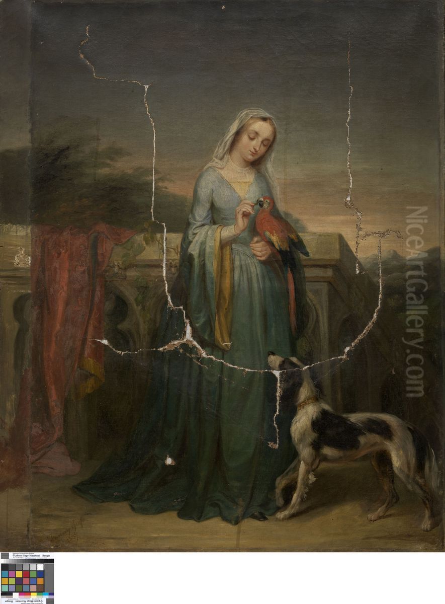 Dame met papegaai Oil Painting by Fanny Geefs