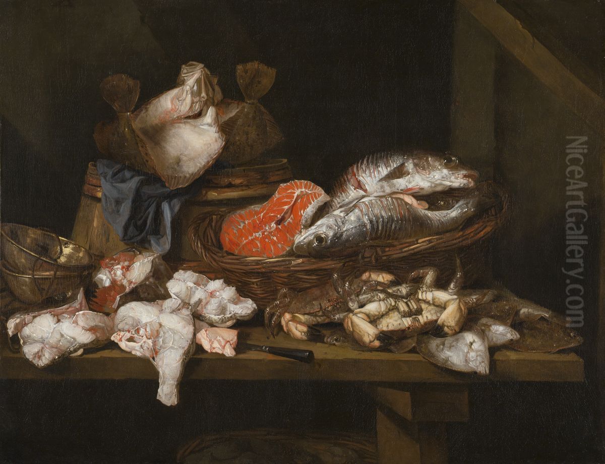 Visstilleven met verschillende moten vis, krab en schol, met een houten emmer en een weegschaal Oil Painting by Abraham Van Beijeren