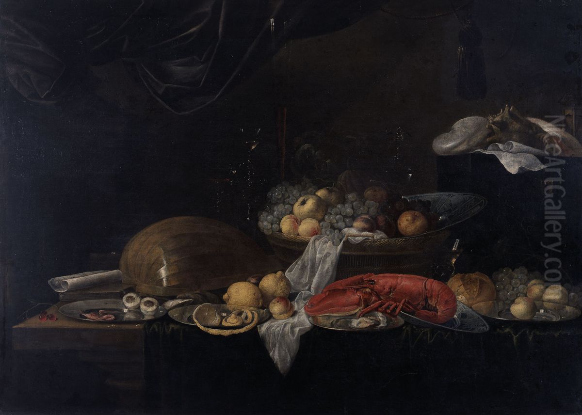 Still Life with Crustacea, Fruits and a Lute Oil Painting by Jan van den Hecke