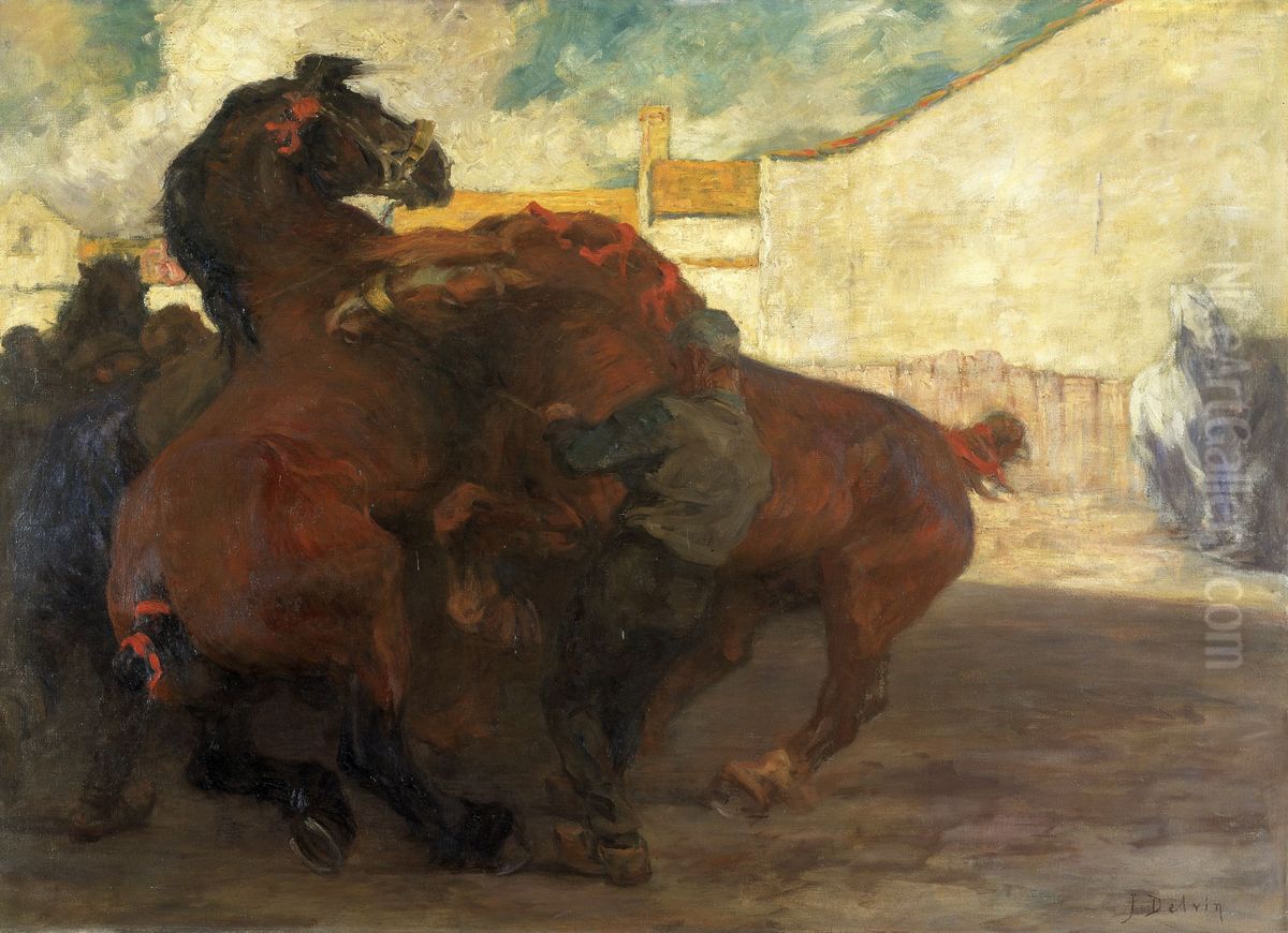 Horse Fight Oil Painting by Jean Delvin