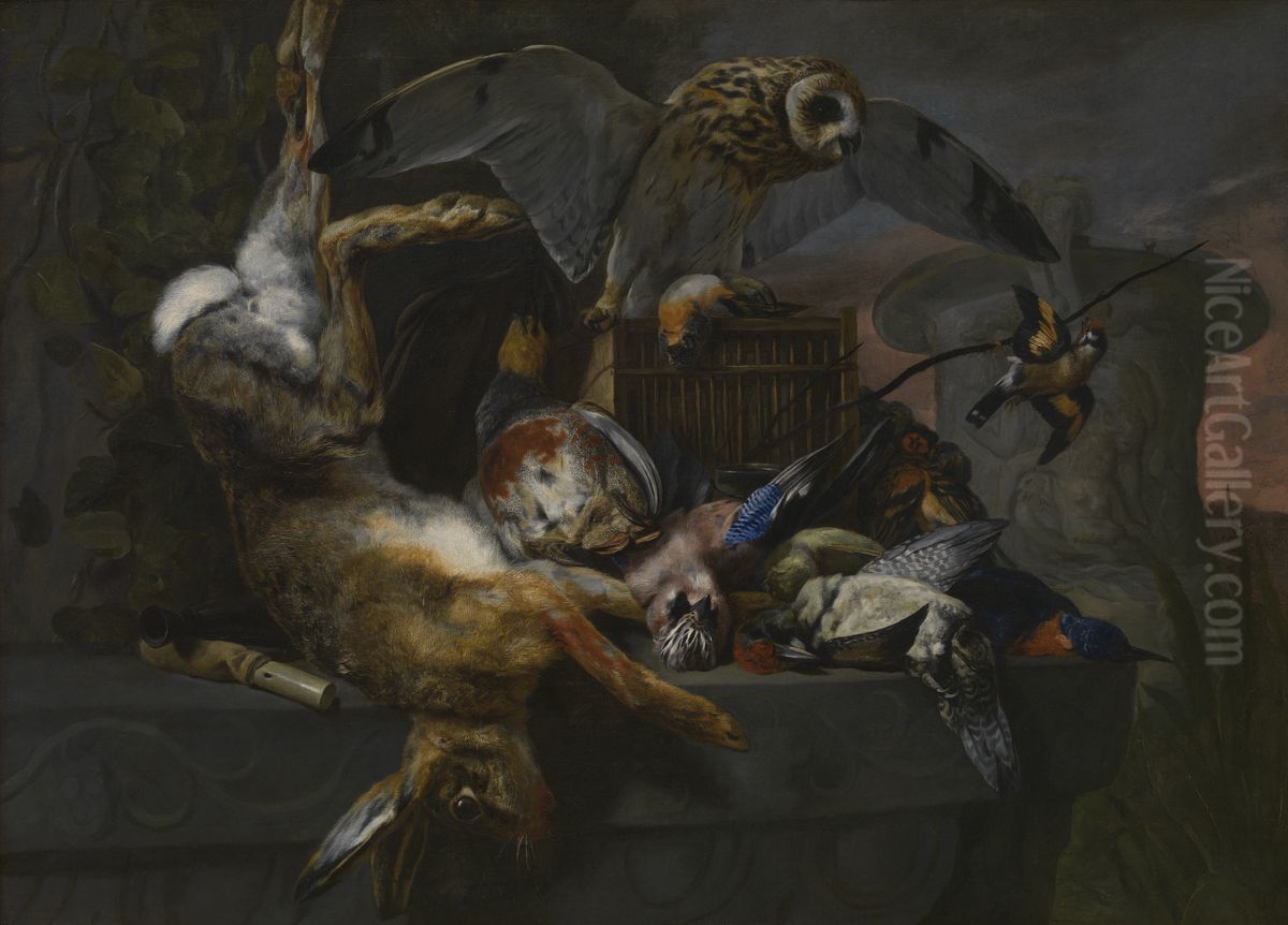 Jachtstilleven met haas en uil Oil Painting by Pieter Boel