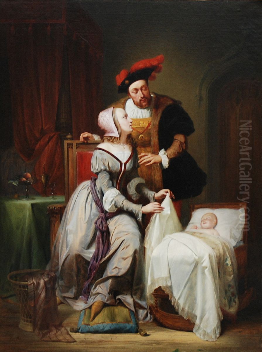 Emperor Charles and His Mistress Johanna Van der Gheynst at the Cradle of their Daughter Margaret Oil Painting by Theodore-Joseph Canneel