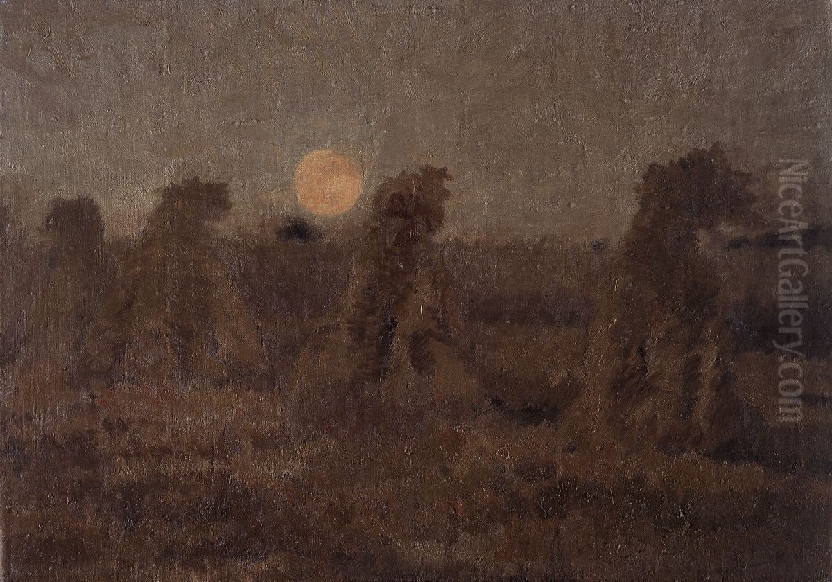 Haystacks by Night Oil Painting by Adriaan Jozef Heymans