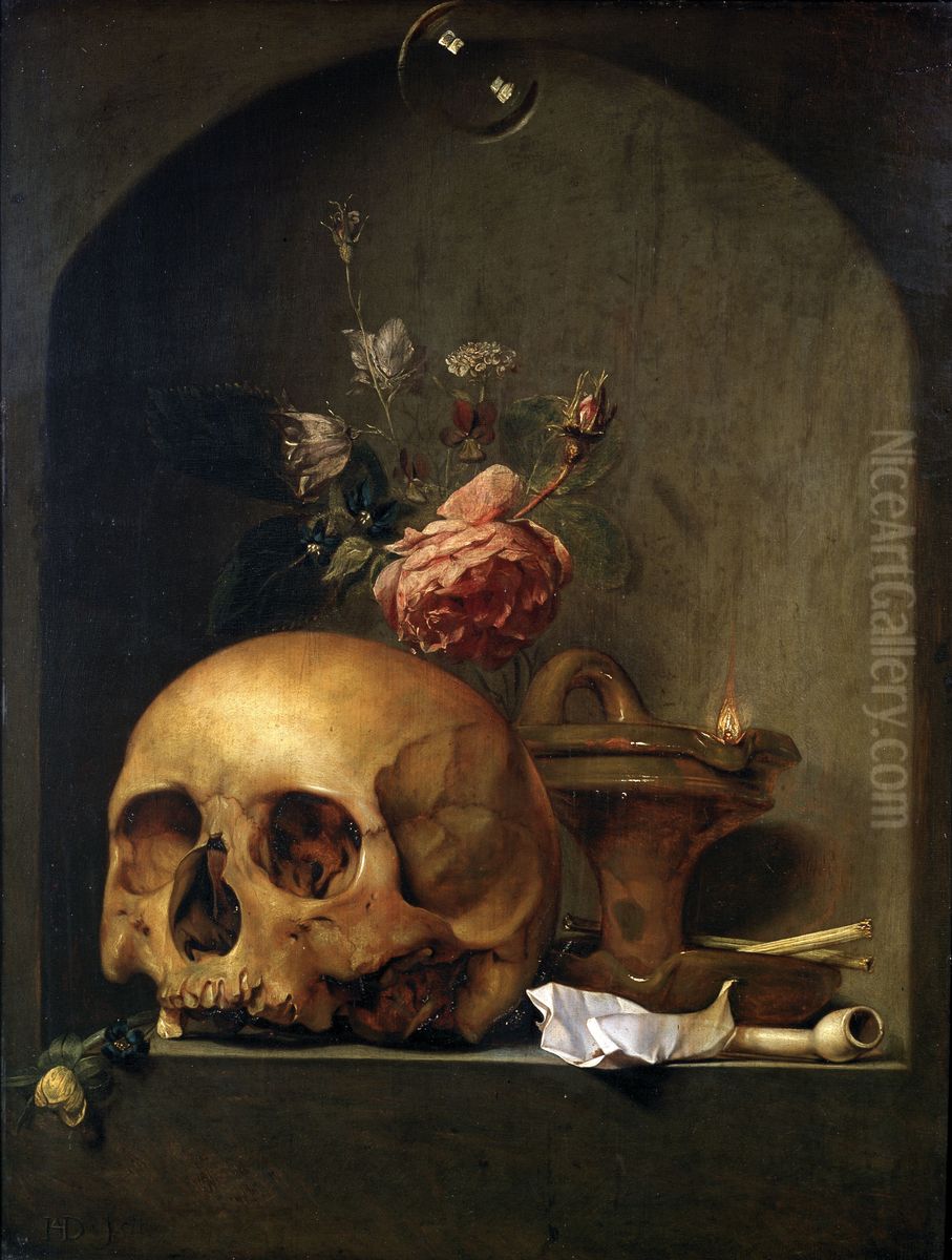 Vanitasstilleven van een schedel, een vaasje met bloemen en rookgerei in een nis Oil Painting by Hendrick Andriessen