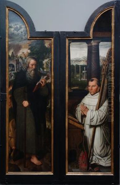 Wings of a triptych:Saint Anthony(right) andAbbot Antonius Wydoot(left) Oil Painting by Pieter Claeissens the Elder
