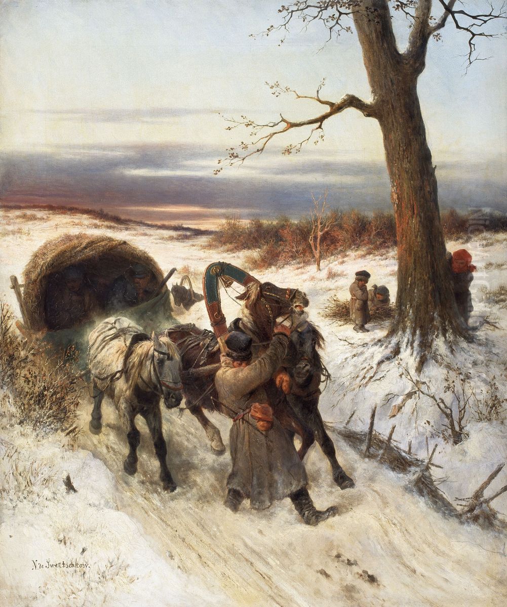 Winter Landscape with a Horsedrawn Sleigh Oil Painting by Nikolai Sverchkov
