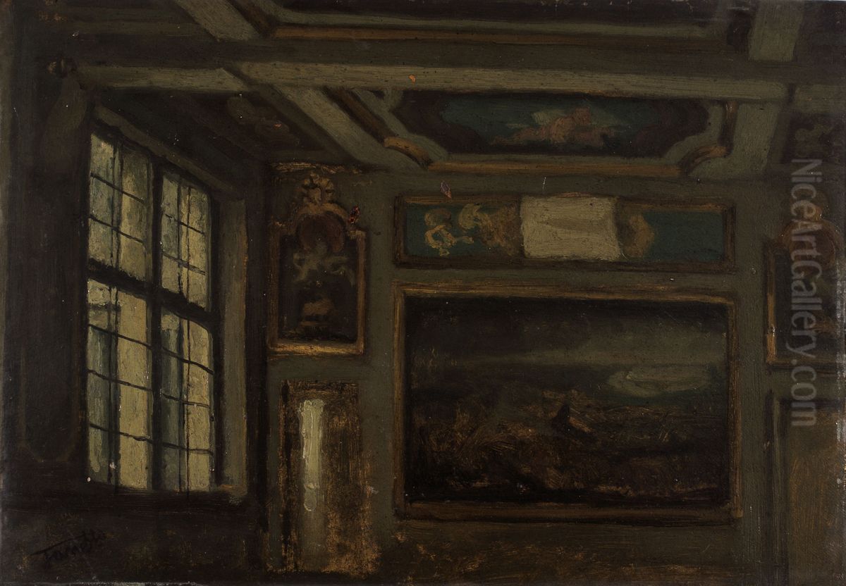 Living Room Interior Oil Painting by Jan Stobbaerts