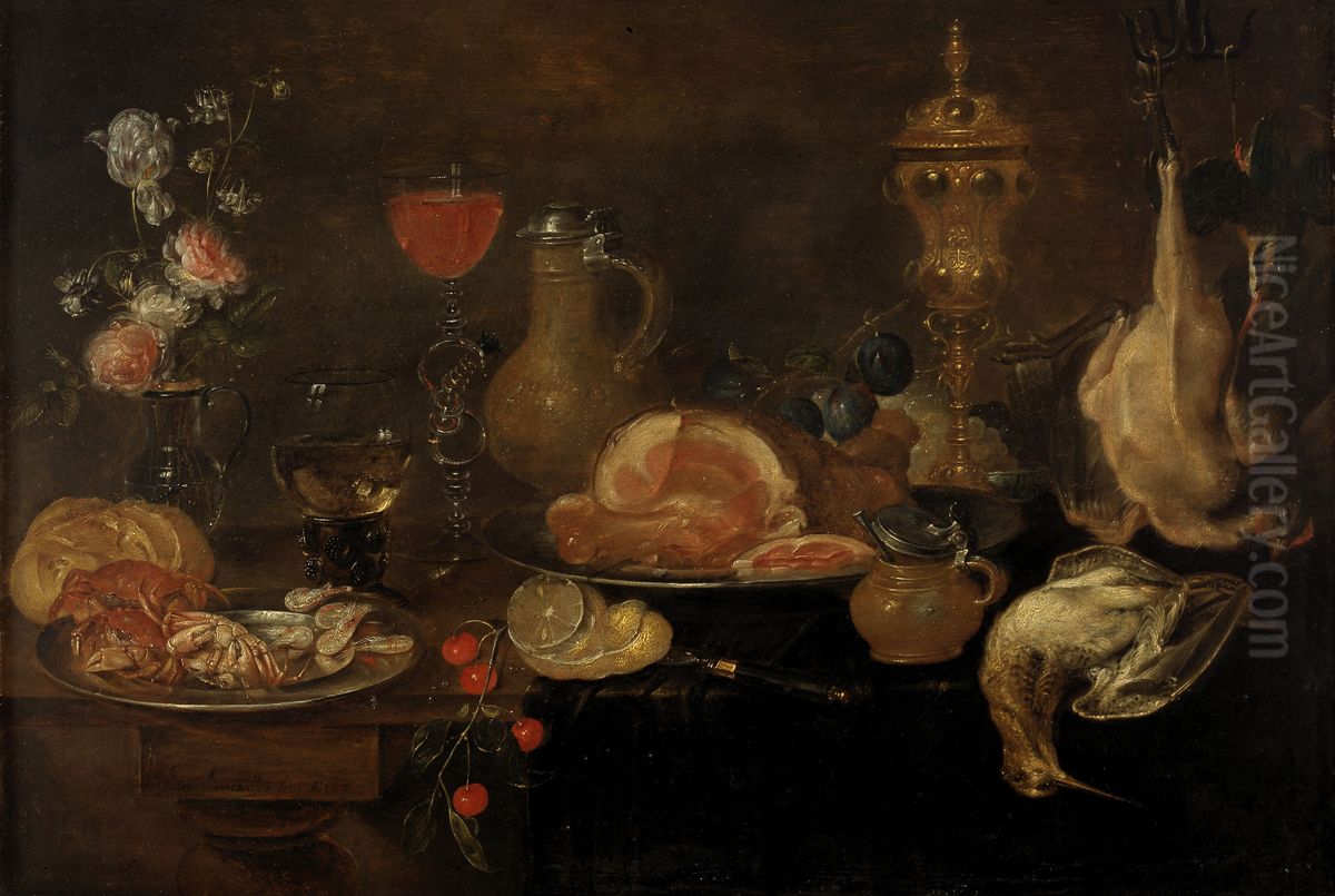 Stilleven op een tafel met gevogelte, ham, een vaas met bloemen, vruchten, een schaal met krabben en garnalen en siervaatwerk Oil Painting by Alexander Adriaenssen