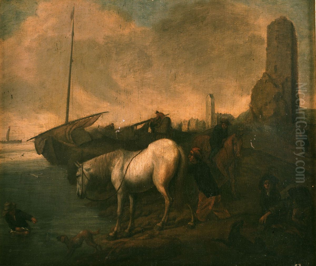 Running Aground with Horses and Fishermen Oil Painting by Philips Wouwerman