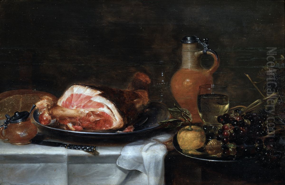 Still life with ham and grapes Oil Painting by Alexander Adriaenssen