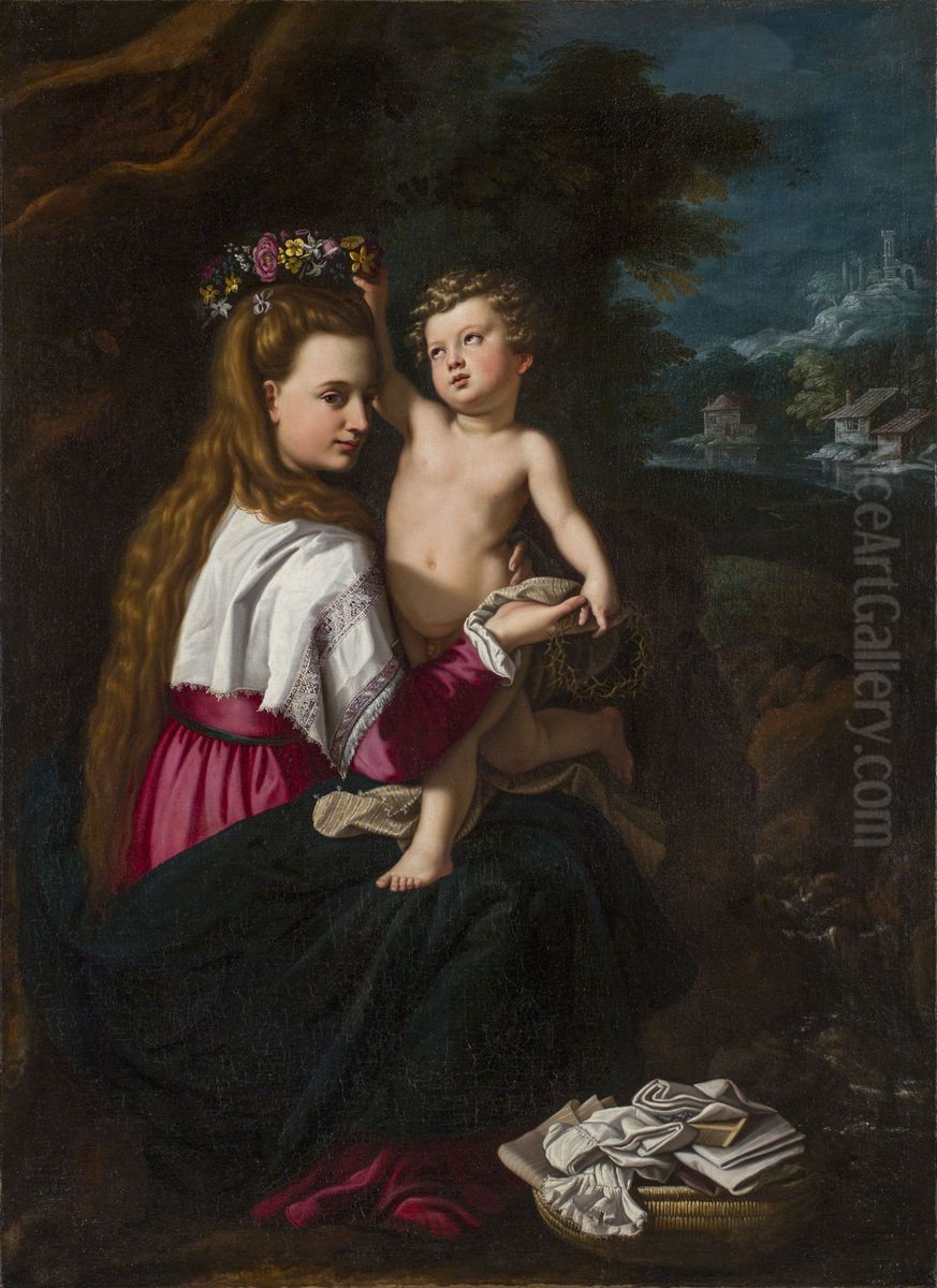 The Virgin and Child with a Floral Wreath and a Crown of Thorns Oil Painting by Alessandro Allori