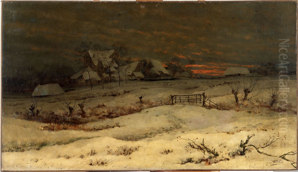 Winter Landscape with Sunset Oil Painting by Gustave Den Duyts