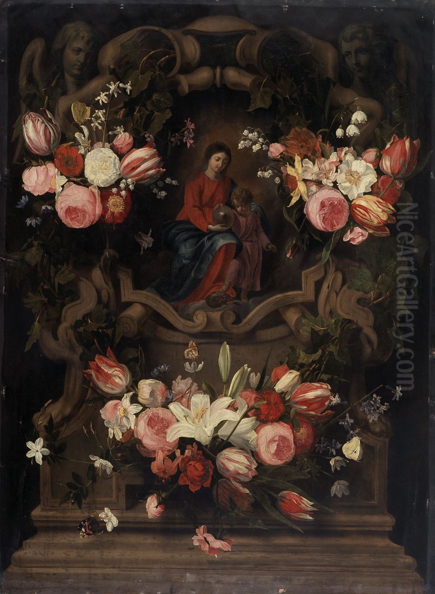Floral Wreath with the Immaculate Conception of the Virgin Mary Oil Painting by Daniel Seghers