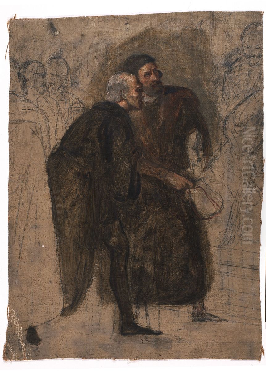 Two Men Surrounded by Figures (study) Oil Painting by Jozef Geirnaert