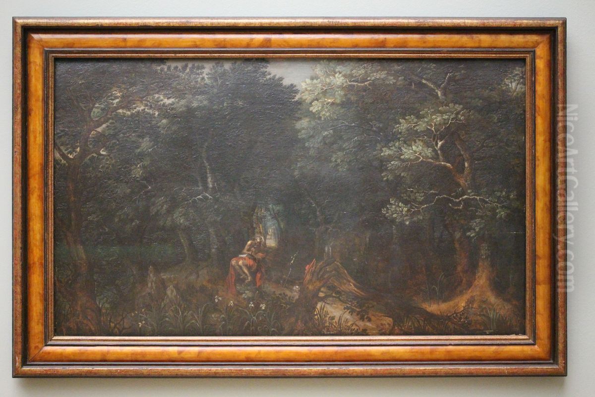 Boslandschap met de heilige Hieronymus Oil Painting by Gillis van Coninxloo