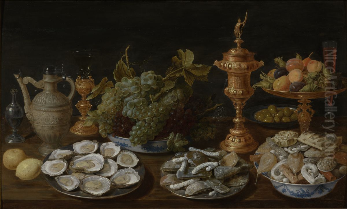Still life with oysters, fruit, sweets and costly vessels Oil Painting by Jacob van Es