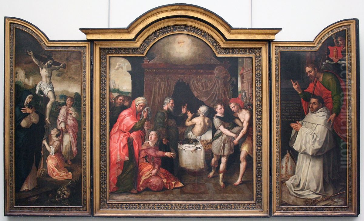 The Crucifixion (left wing), The Prophecy of the Recovery of Hezekiah (central panel), Abbot Jacob Delrio with Patron Saint (right wing), The Raising of Lazarus (grisaille, back side of the outer wings) Oil Painting by Jacob De Backer