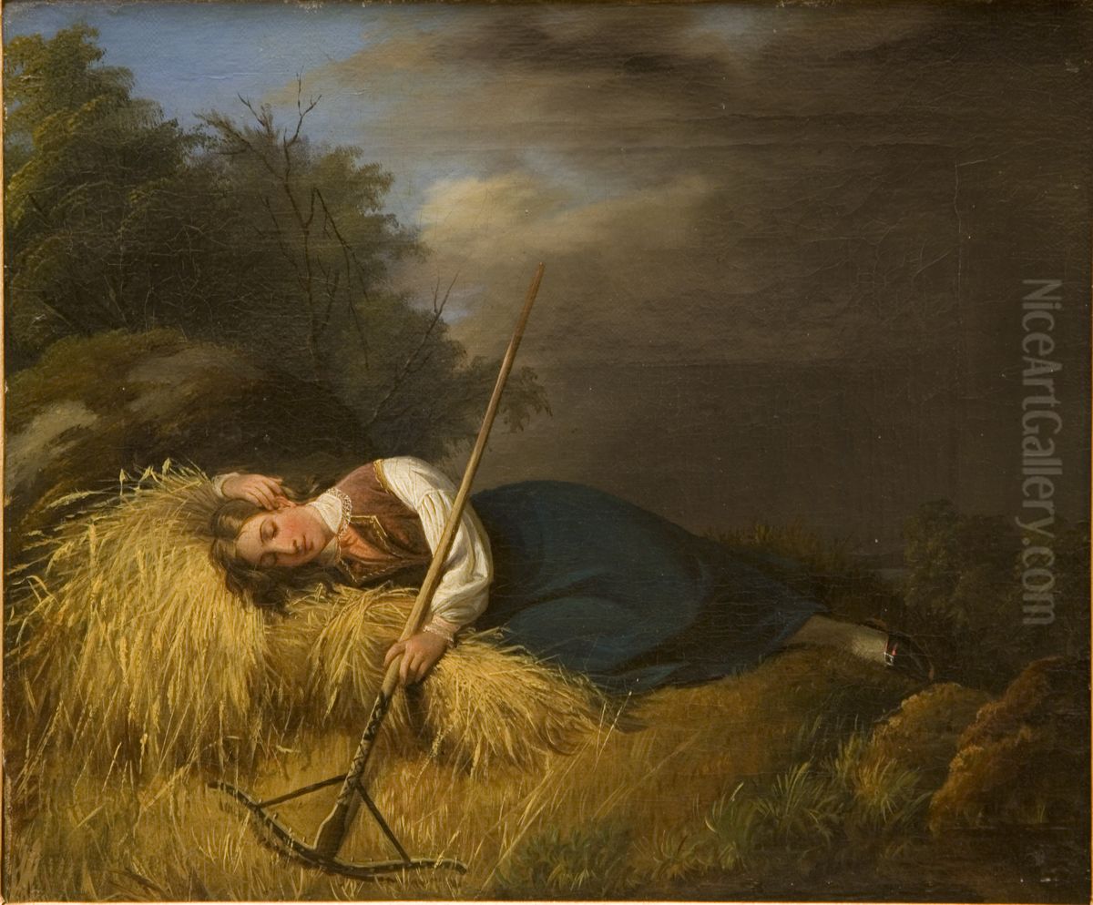 A Resting Harvest Girl Oil Painting by Robert Wilhelm Ekman
