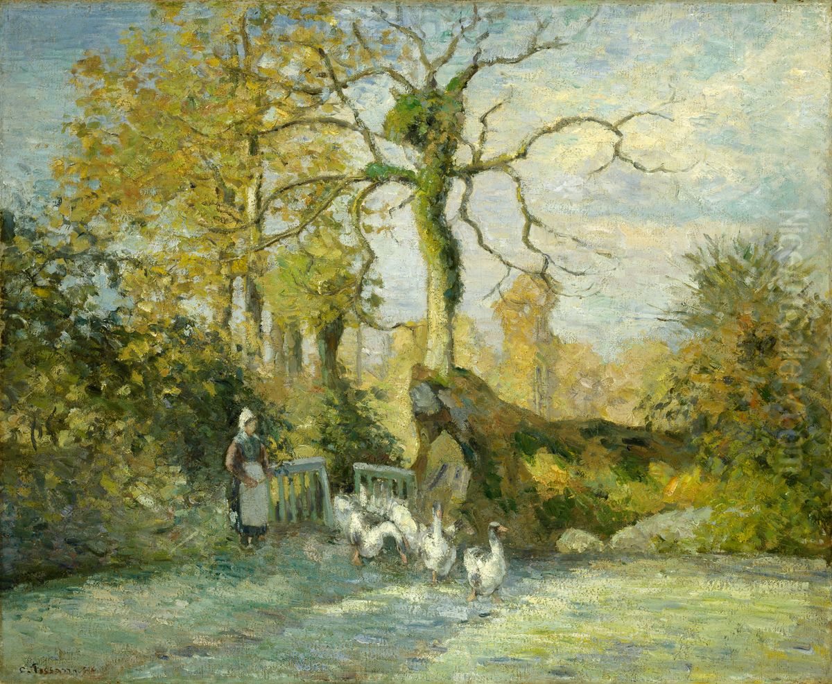The Goose Girl at Montfoucault (White Frost) Oil Painting by Camille Pissarro